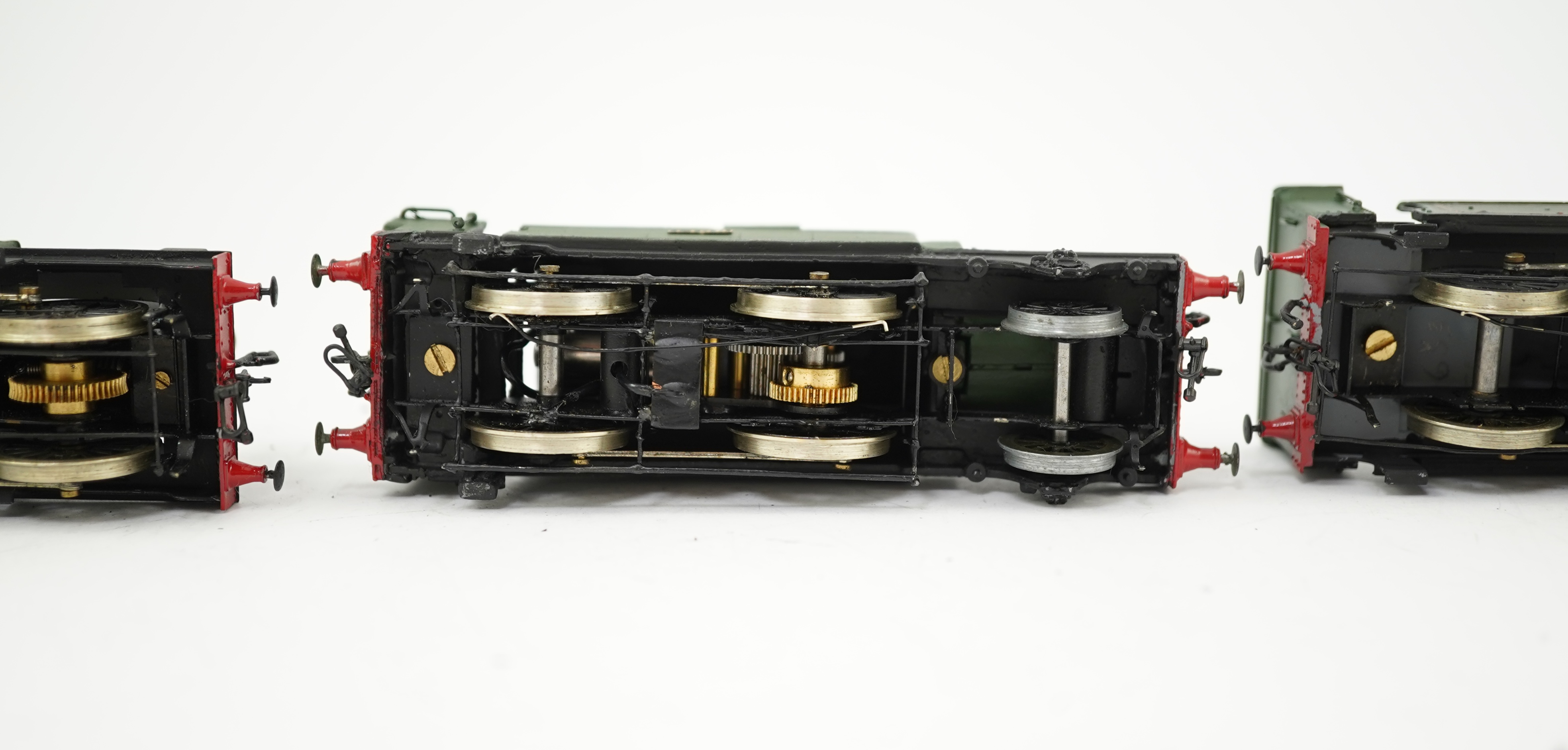 Four 00 gauge kit built GWR tank locomotives, three brass and white metal; a 14xx class 2-4-0T, 1458, together with an 517 class 0-4-2T, 574, and a 633 class 0-4-2T, 633, plus a plastic/resin and metal 46xx class 4-4-2T,